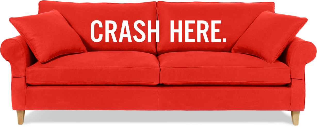 red couch with the words 'Crash Here'